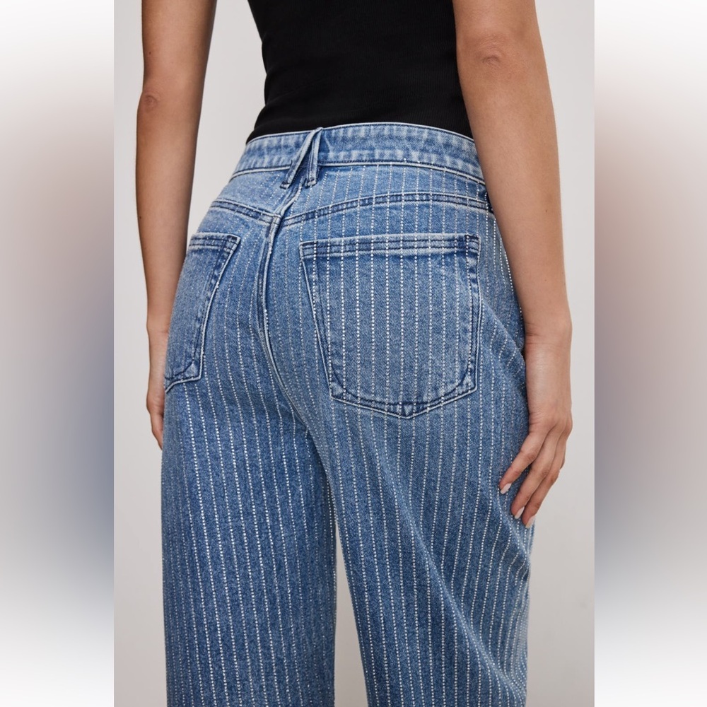 Good American Denim Wide-Leg Pinstripe Jeans in Blue